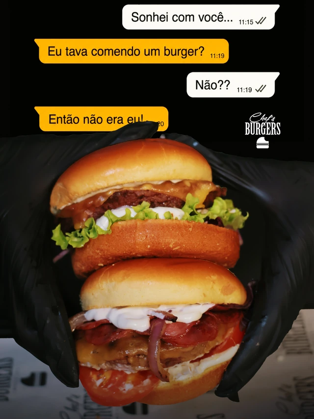 Dois hambúrgueres em uma composição com balões de conversa